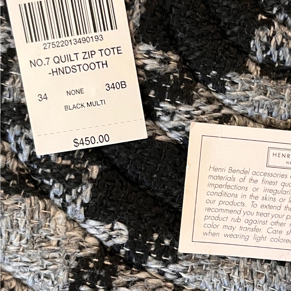 🆕 Henri Bendel No. 7 Quilt Zip Tote Black and Gray Houndstooth Shoulder Bag - Picture 2 of 13
